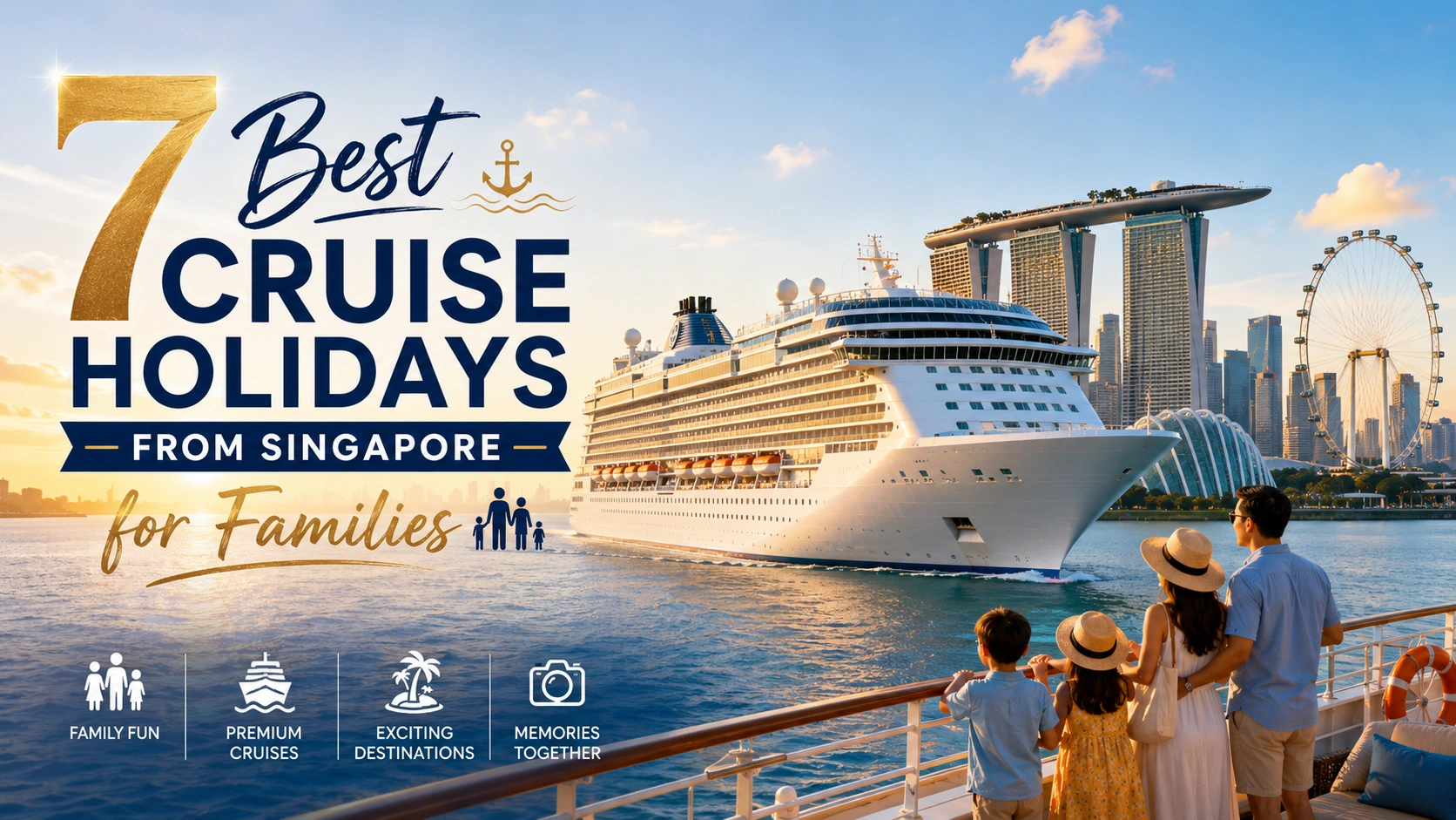 Family on a cruise ship deck departing from Singapore Marina Bay Cruise Centre