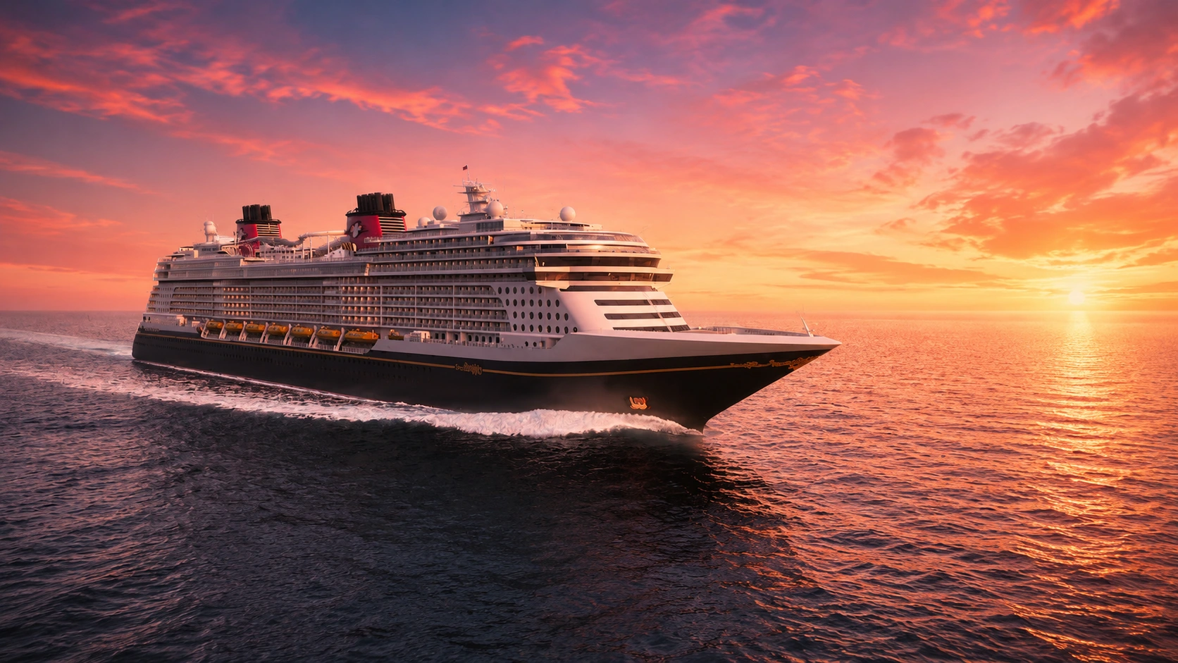 Disney Adventure cruise ship sailing from Singapore Marina Bay Cruise Centre with families on deck