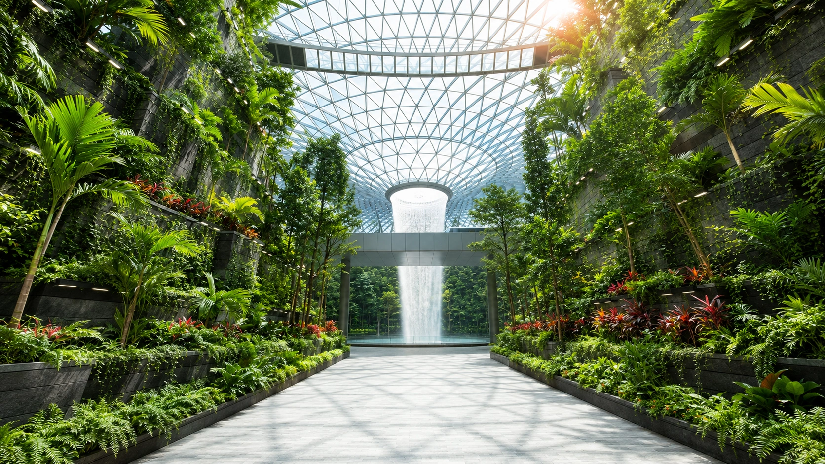 Families viewing the HSBC Rain Vortex indoor waterfall at Jewel Changi Airport Singapore