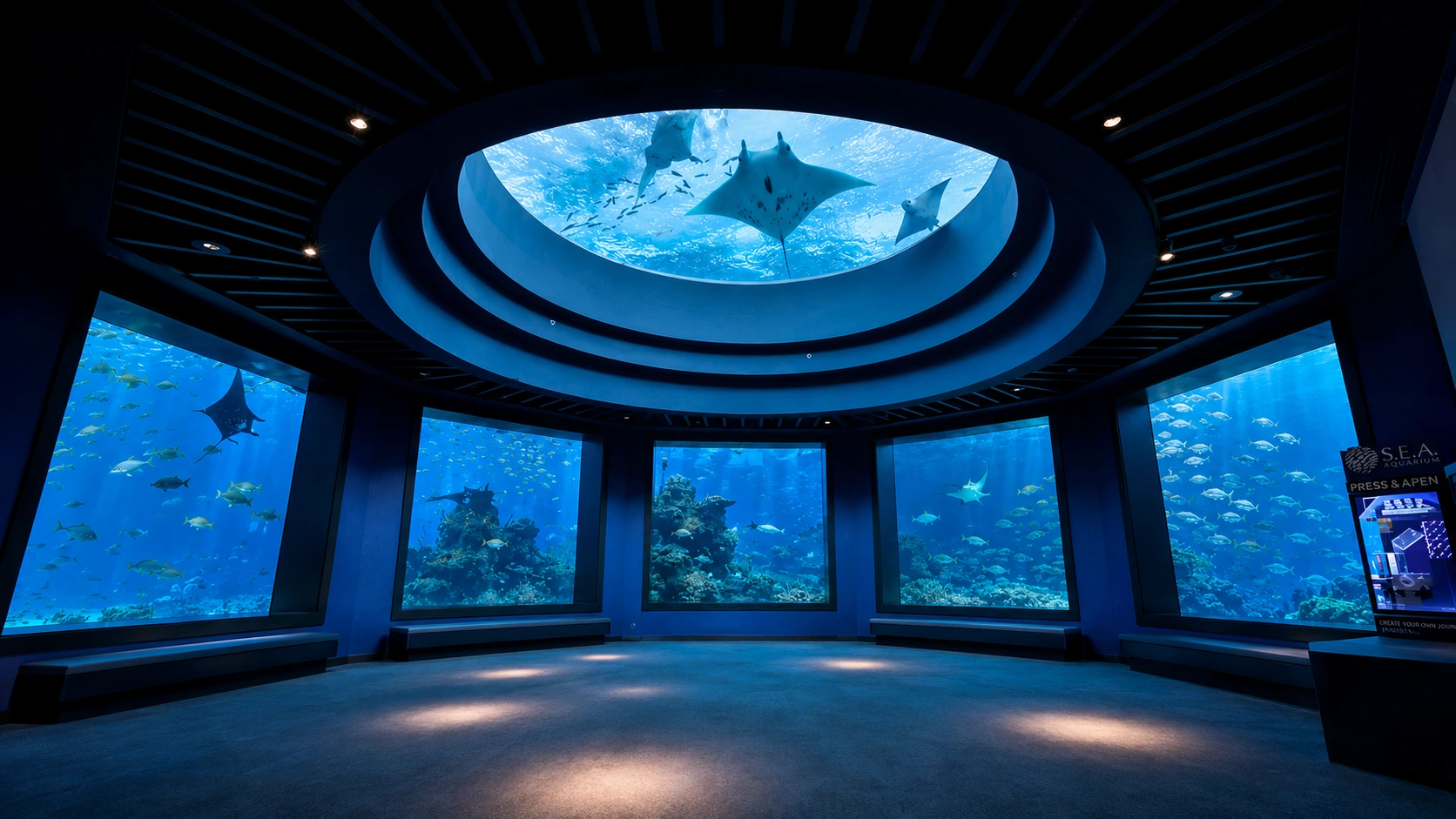 Children walking through the underwater tunnel at Singapore Oceanarium with sharks overhead